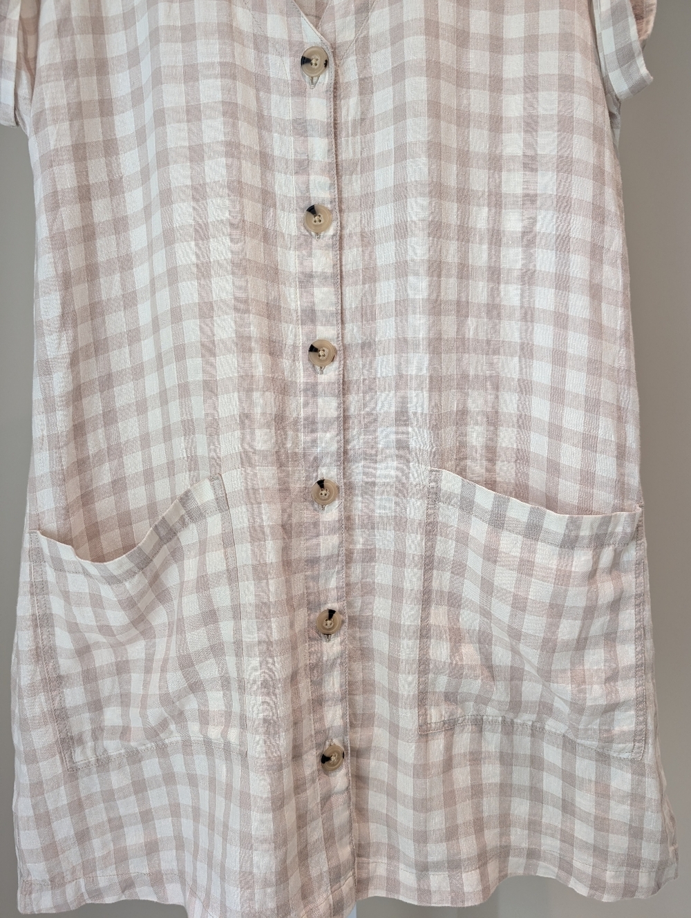 Lou & Grey Gingham Linen Shift Dress Cap Sleeves Casual Summer Cream Brown Small - Picture 4 of 13